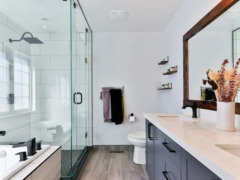 Modern bathroom with walk-in shower and vanity