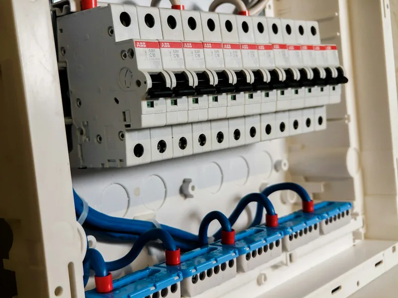 Row of white circuit breakers in an electrical panel