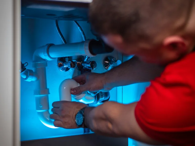 Plumber working on pipes under a sink cabinet